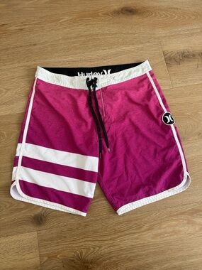 Hurley Men's Fuchsia Board Shorts with White Stripes